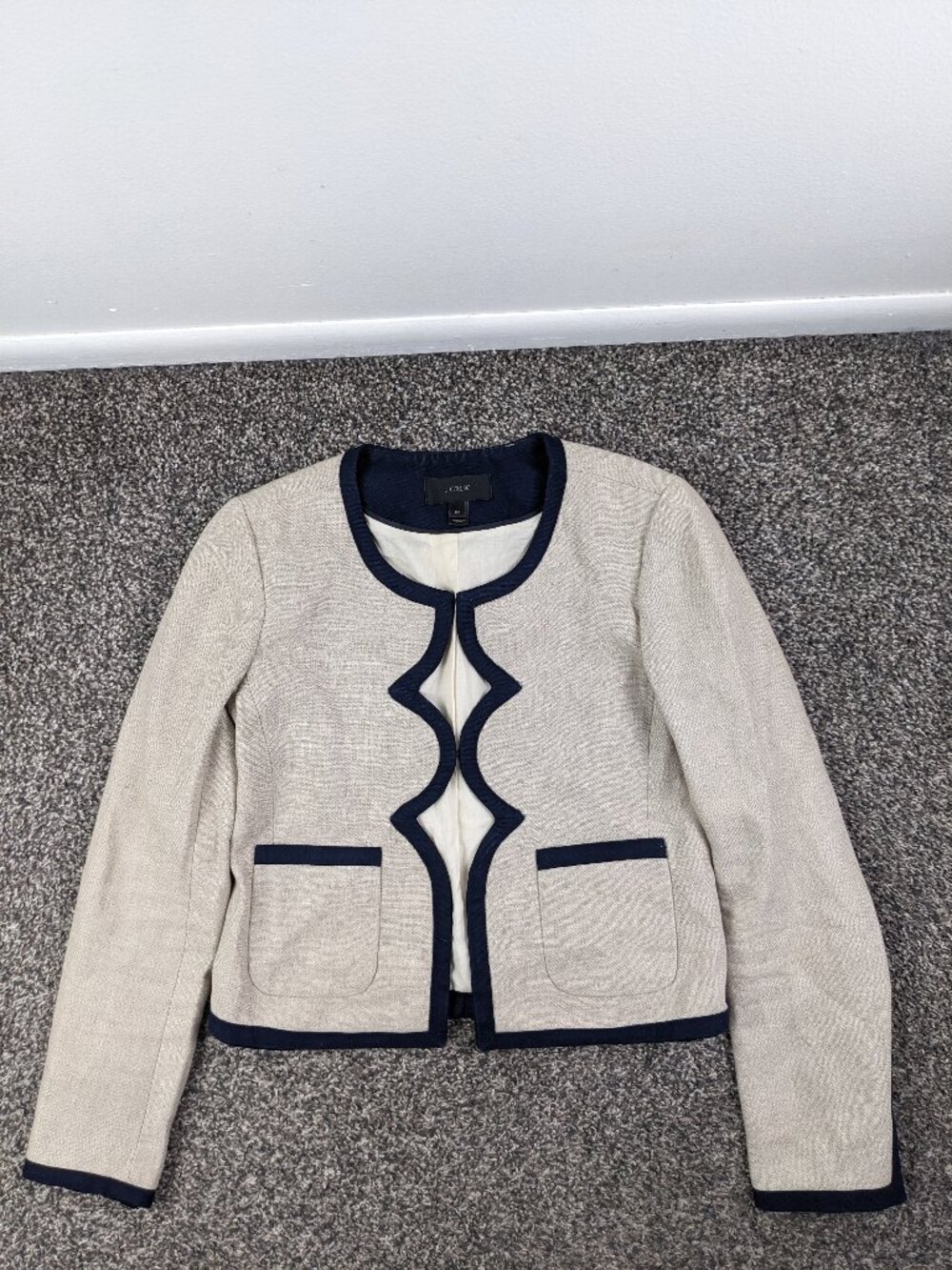 J Crew Blazer Jacket 100% Linen Scalloped Front Ivory Navy Blue Womens 00
